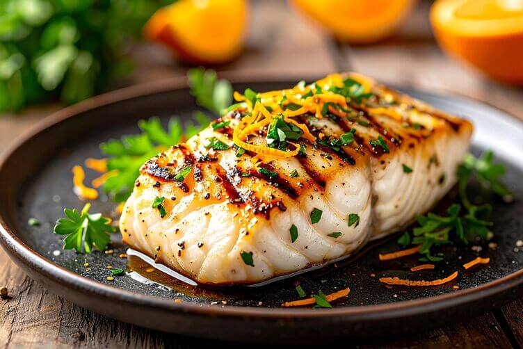 Filetto di pesce grigliato glassato con abbamele Filetto di pesce grigliato glassato con abbamele