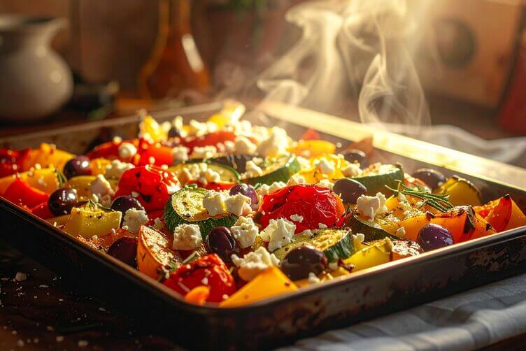 Teglia da forno con verdure mediterranee arrostite e feta sbriciolata