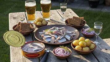 filetti di surströmming serviti con pane di segale patate novelle cipolle rosse e aneto