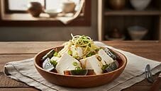 tofu con uovo centenario zenzero e cipollotto