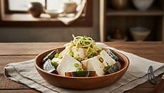 tofu con uovo centenario zenzero e cipollotto