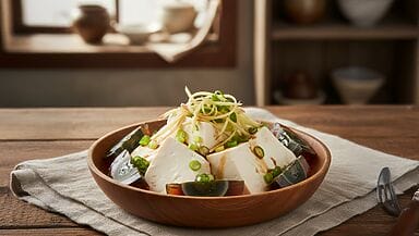 tofu con uovo centenario zenzero e cipollotto