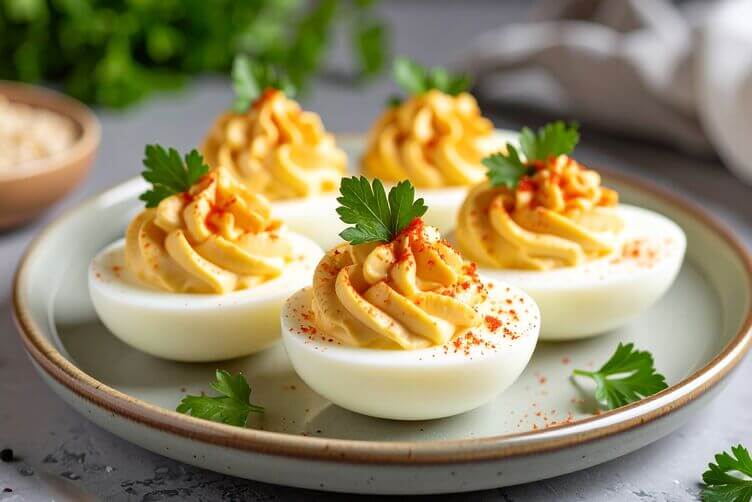 uova sode ripiene con maionese, paprika e prezzemolo fresco