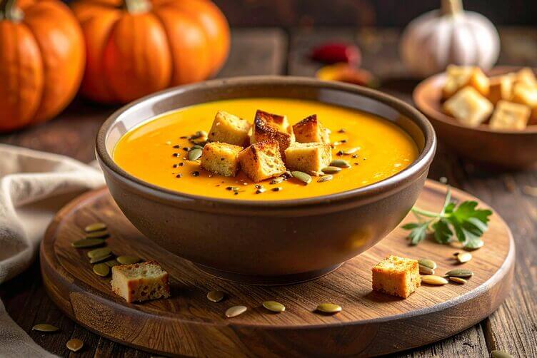 vellutata di zucca con crostini dorati e semi
