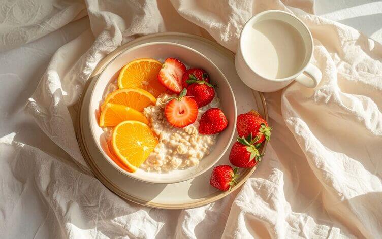 dieta fodmap - Tazza di latte porridge di avena con fragole arancia a spicchi
