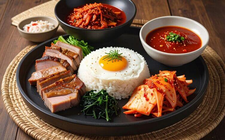 tris samhap composto da hongeohoe bossam pancetta di maiale bollita kimchy