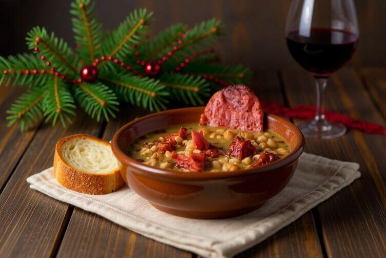 Zuppa di legumi con briciole di zampone croccanti