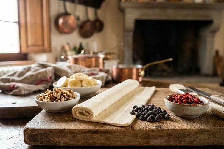Mini strudel con banana, cioccolato fondente e bacche di goji ingredienti Mini strudel con banana, cioccolato fondente e bacche di goji ingredienti