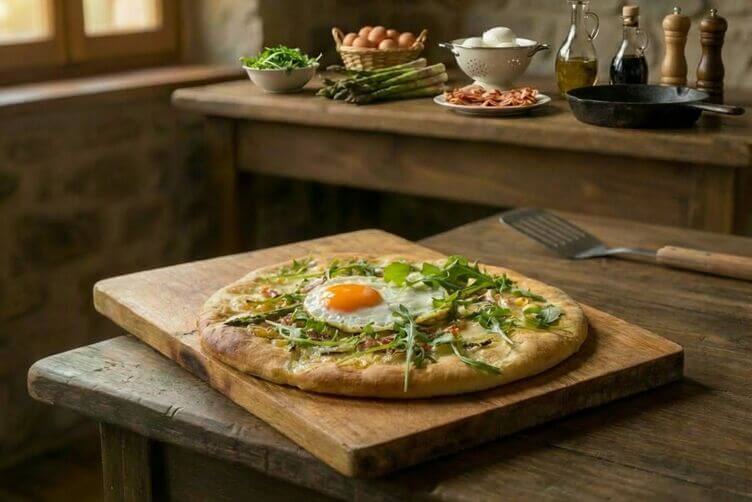 Pizza bianca con bacon e uovo Pizza bianca con bacon e uovo