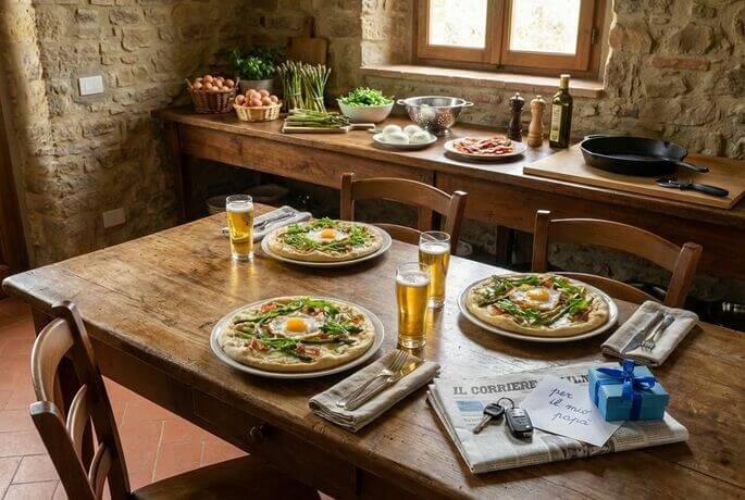 Pizza bianca con bacon e uovo festa del papà