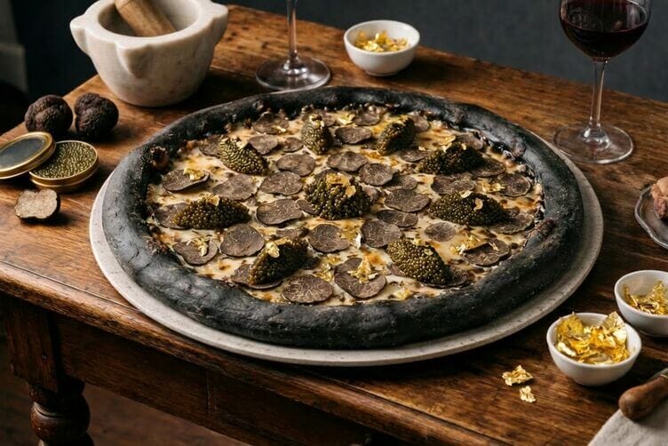 Pizza da record con base nera caviale e tartufo