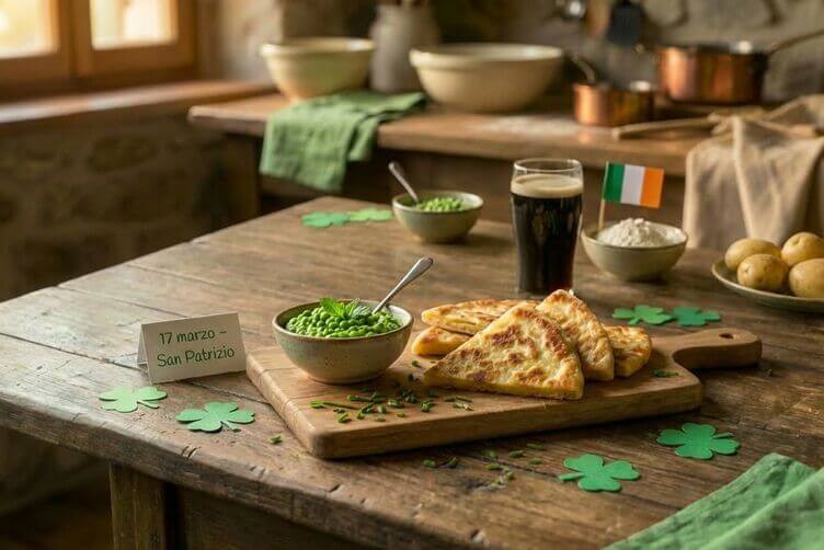 potato farls senza lattosio a triangoli con erba cipollina e crema verde stile San Patrick