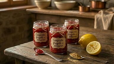 Vasetto di composta fragole e zenzero etichettato a mano