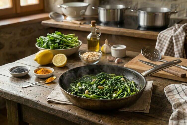 cime di rapa per gnocchetti alla curcuma