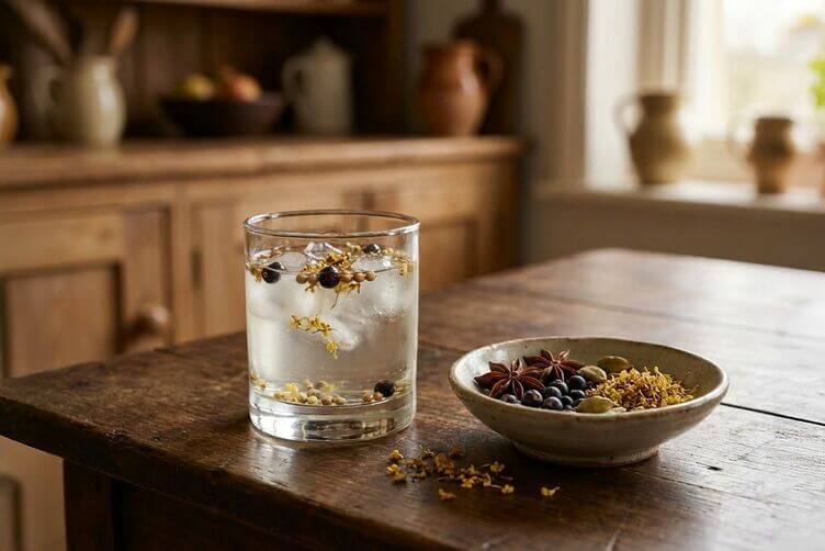 gin tonic all'osmanto servito per aperitivo gin tonic all'osmanto servito per aperitivo