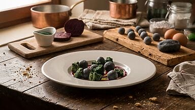 gnocchi di fagioli neri con salsa alla rapa rossa e spugna di alga spirulina