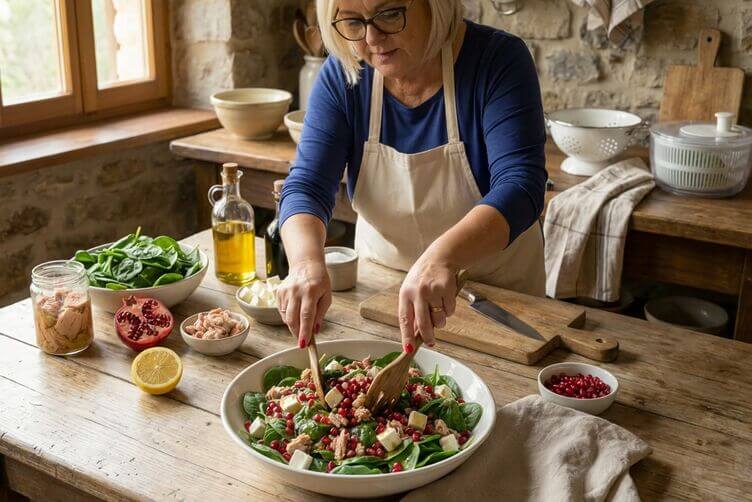 insalata di spinacini feta e tonno preparazione insalata di spinacini feta e tonno preparazione