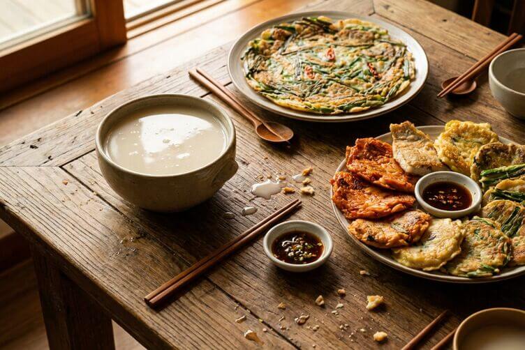 makgeolli con jeon e pajeon al cipollotto