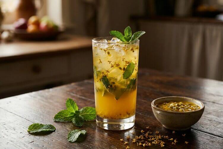 mocktail all'osmasto e frutto della passione con menta e ghiaccio