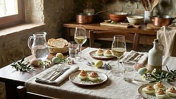 tavola apparecchiata con uova sode ripiene