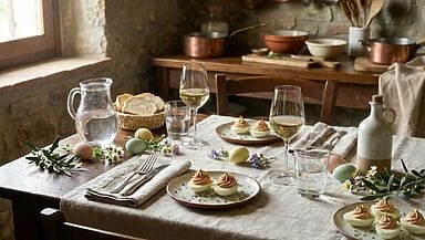 tavola apparecchiata con uova sode ripiene