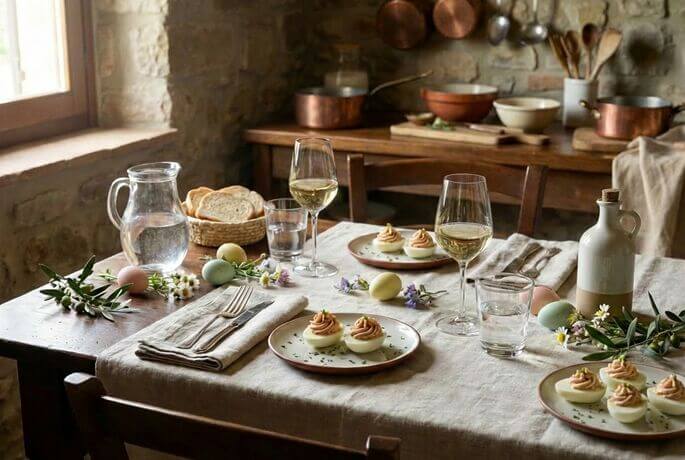 tavola apparecchiata con uova sode ripiene