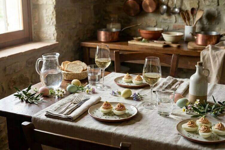 tavola apparecchiata con uova sode ripiene