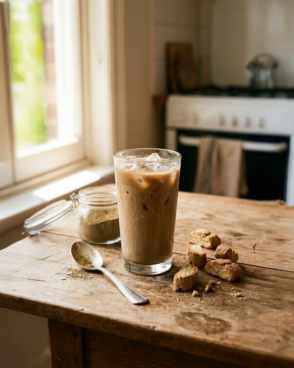 Bicchiere di iced hojicha latte con ghiaccio e polvere di hojicha sul tavolo