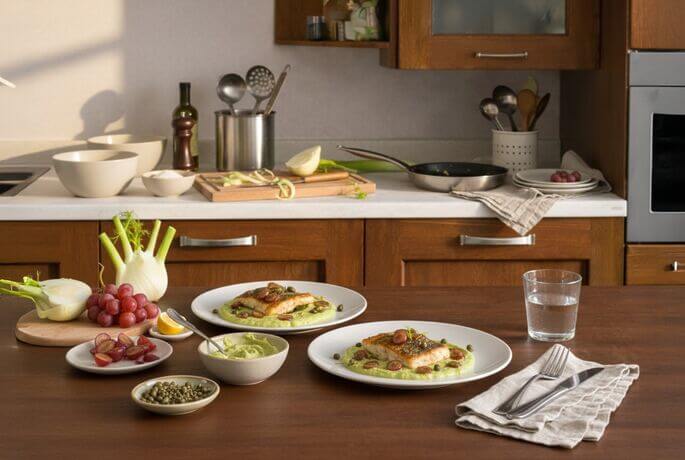 Branzino con crema di finocchi e uva