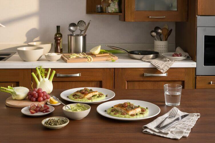 Branzino con crema di finocchi e uva