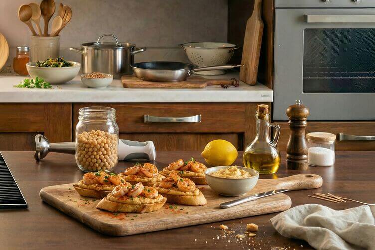 Crostini con crema di ceci e gamberi scottatI