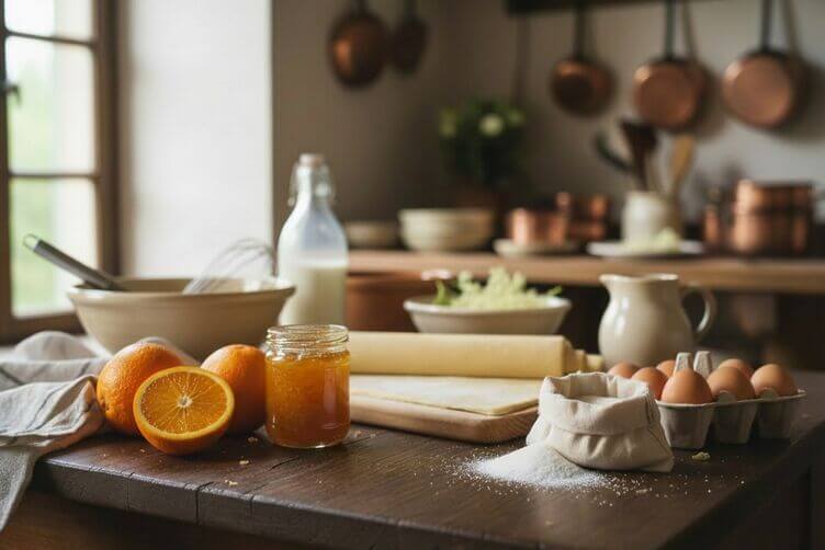 Cucina casalinga rustica italiana, tavolo di legno semiscuro, ingredienti disposti in modo naturale: arance, un vasetto di marmellata, fiori di sambuco, latte, uova, zucchero, panna, un foglio di pasta sfoglia, ciotole e frusta, strofinaccio vicino, atmosfera calda e quotidiana, luce naturale, stile fotografico realistico, profondità di campo leggera, colori naturali, nessun set da studio. Cucina casalinga rustica italiana, tavolo di legno semiscuro, ingredienti disposti in modo naturale: arance, un vasetto di marmellata, fiori di sambuco, latte, uova, zucchero, panna, un foglio di pasta sfoglia, ciotole e frusta, strofinaccio vicino, atmosfera calda e quotidiana, luce naturale, stile fotografico realistico, profondità di campo leggera, colori naturali, nessun set da studio.