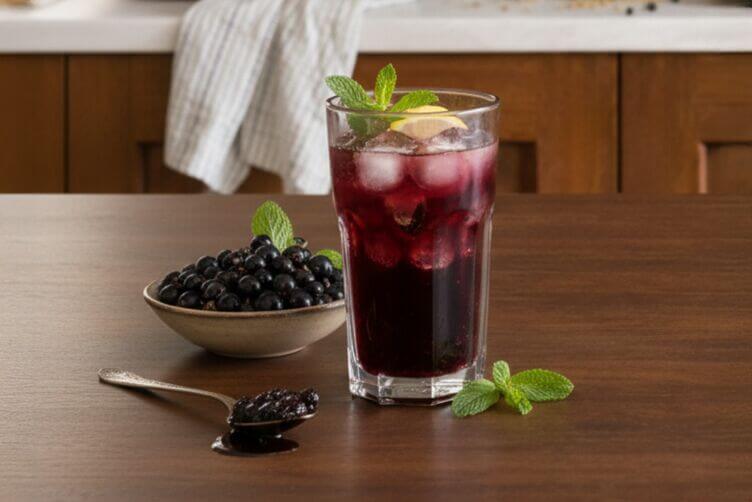 Mocktail scuro ribes nero + soda + limone + menta + ghiaccio
