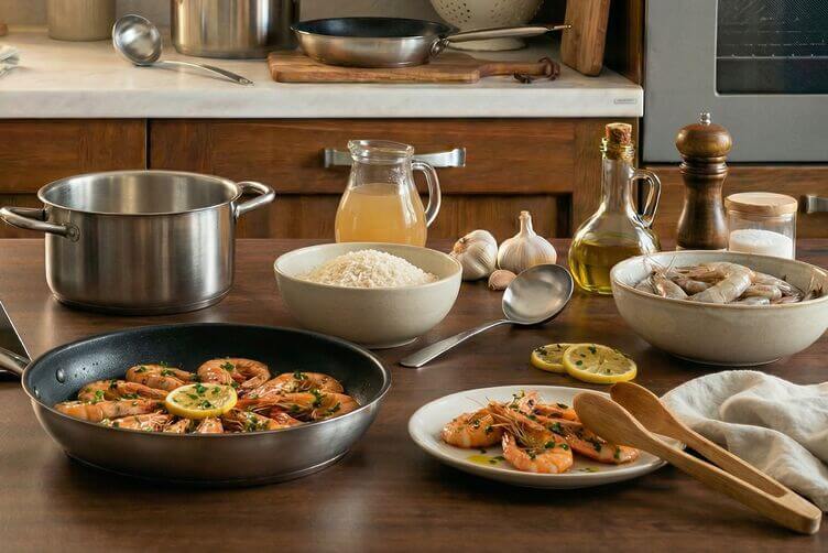 Padella con gamberi saltati al limone e prezzemolo Padella con gamberi saltati al limone e prezzemolo