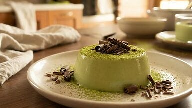Panna cotta al matcha sformata con trucioli di cioccolato fondente