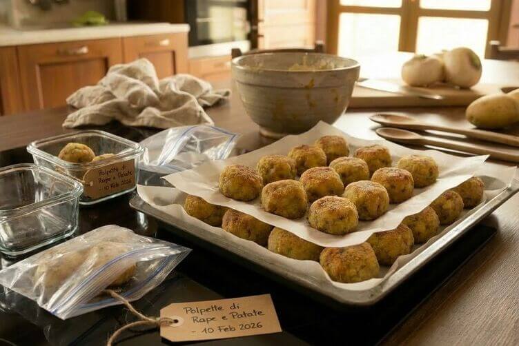 Polpette di rape bianche e patate conservate in frigo in contenitore ermetico