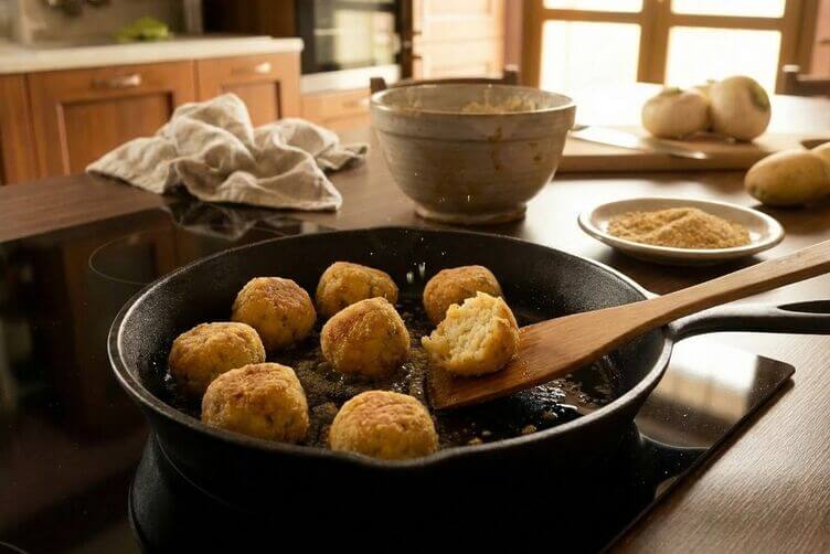 Polpette di rape bianche e patate in padella mentre dorano