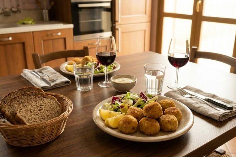 Polpette rape bianche e patate con insalata e salsa leggera