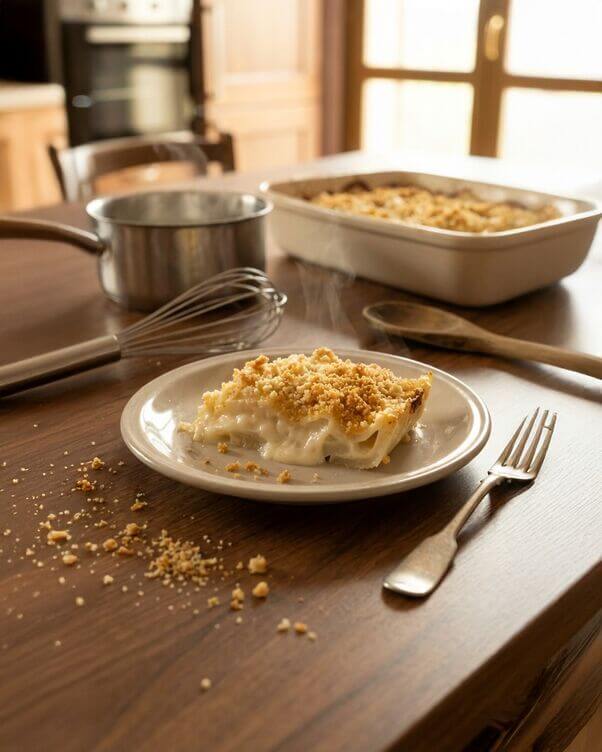 Porzione di gratin di rape bianche senza glutine e senza lattosio, interno cremoso Porzione di gratin di rape bianche senza glutine e senza lattosio, interno cremoso