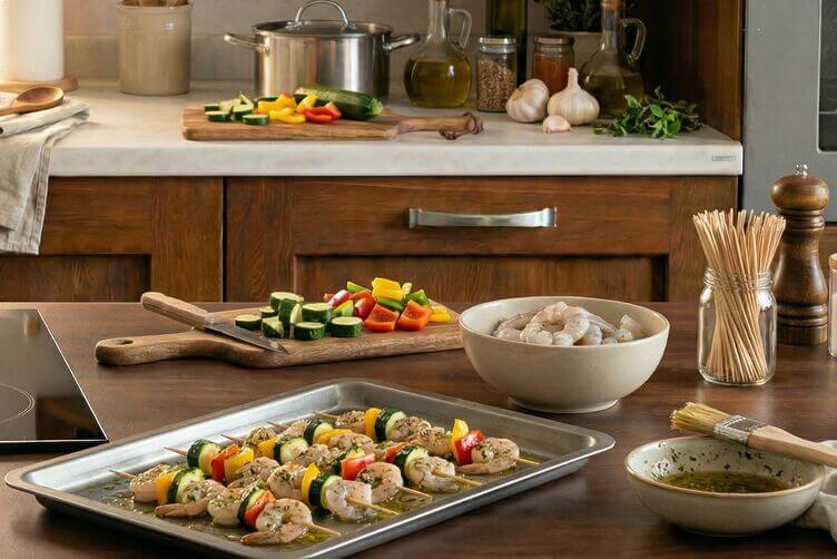 Spiedini di gamberi e verdure su teglia, pronti da cuocere Spiedini di gamberi e verdure su teglia, pronti da cuocere