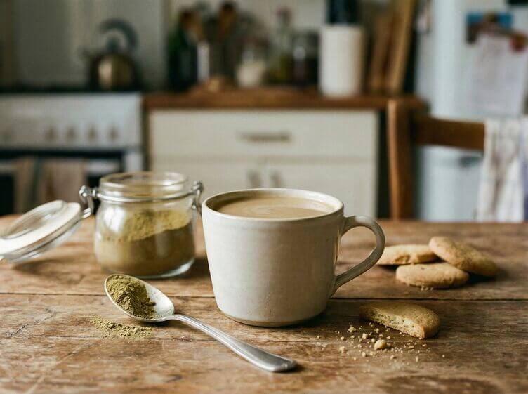 Tazza di hojicha latte cremoso con polvere di hojicha e biscotti frollini