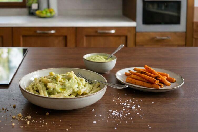pasta con crema di zucchine e contorno di verdure