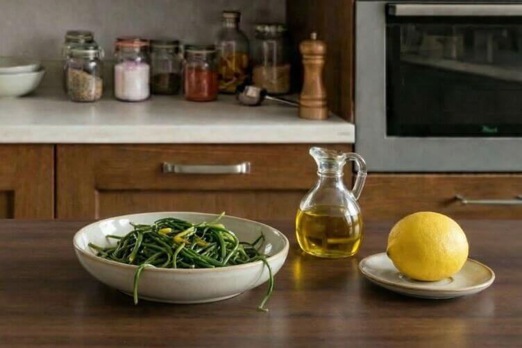 Agretti con olio e limone serviti come contorno leggero Agretti con olio e limone serviti come contorno leggero