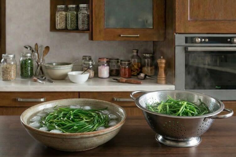 Agretti dopo la sbollentata immersi in acqua e ghiaccio per tenere colore e consistenza