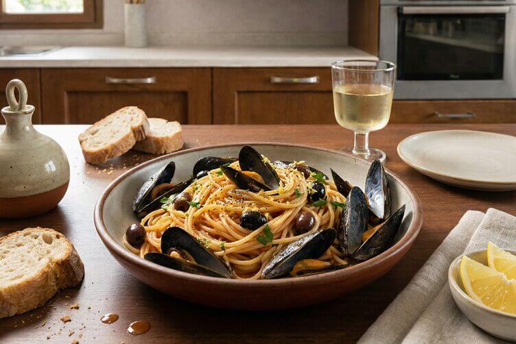 Piatto di pasta con salsa di cozze cremosa