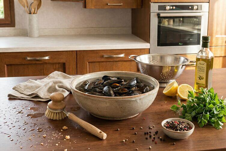 Preparazione delle cozze ciotola con cozze in ammollo Preparazione delle cozze ciotola con cozze in ammollo