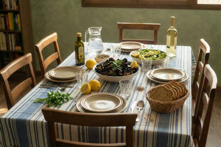 Tavola mediterranea equilibrata con cozze, insalata con limone, pane integrale Tavola mediterranea equilibrata con cozze, insalata con limone, pane integrale