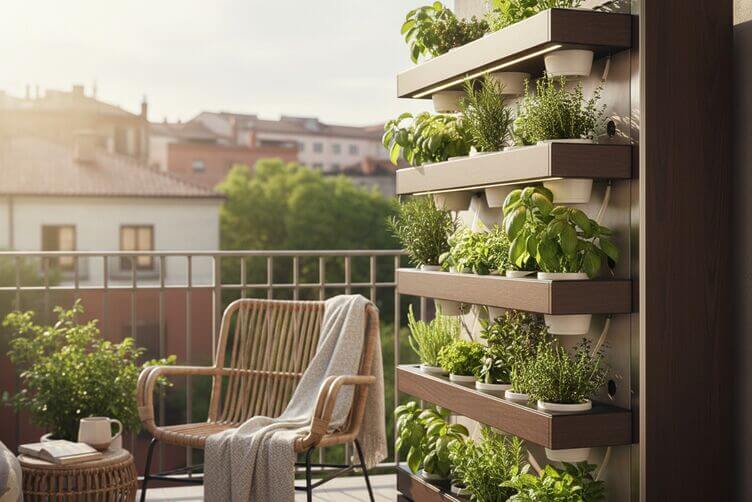 balcone con sistema di coltivazione verticale da interno con basilico e erbe aromatiche balcone con sistema di coltivazione verticale da interno con basilico e erbe aromatiche