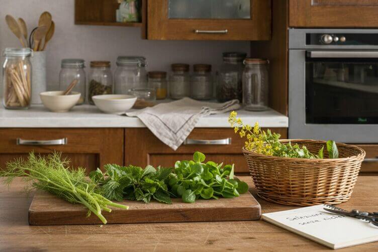 Piante alimurgiche: guida completa per chi ama la natura e la cucina Piante alimurgiche fresche su tagliere con selezione senza nichel.