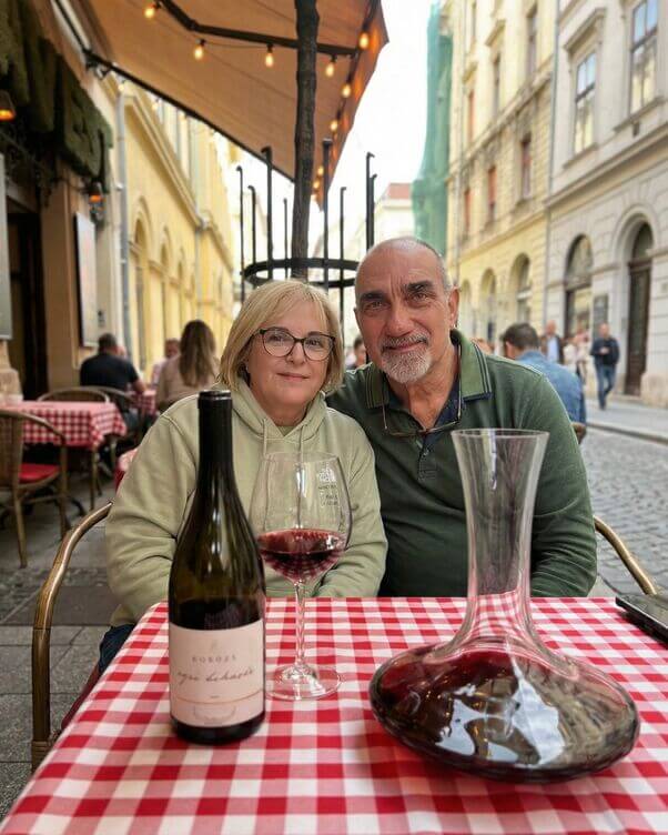 viaggiatori con bottiglia di vino ungherese